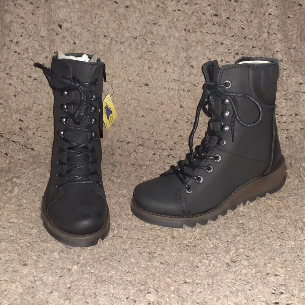 FLY London-SAME-109 FLY-Heritage Black Leather Combat Boots-Side Zip-Sz 36-NIB